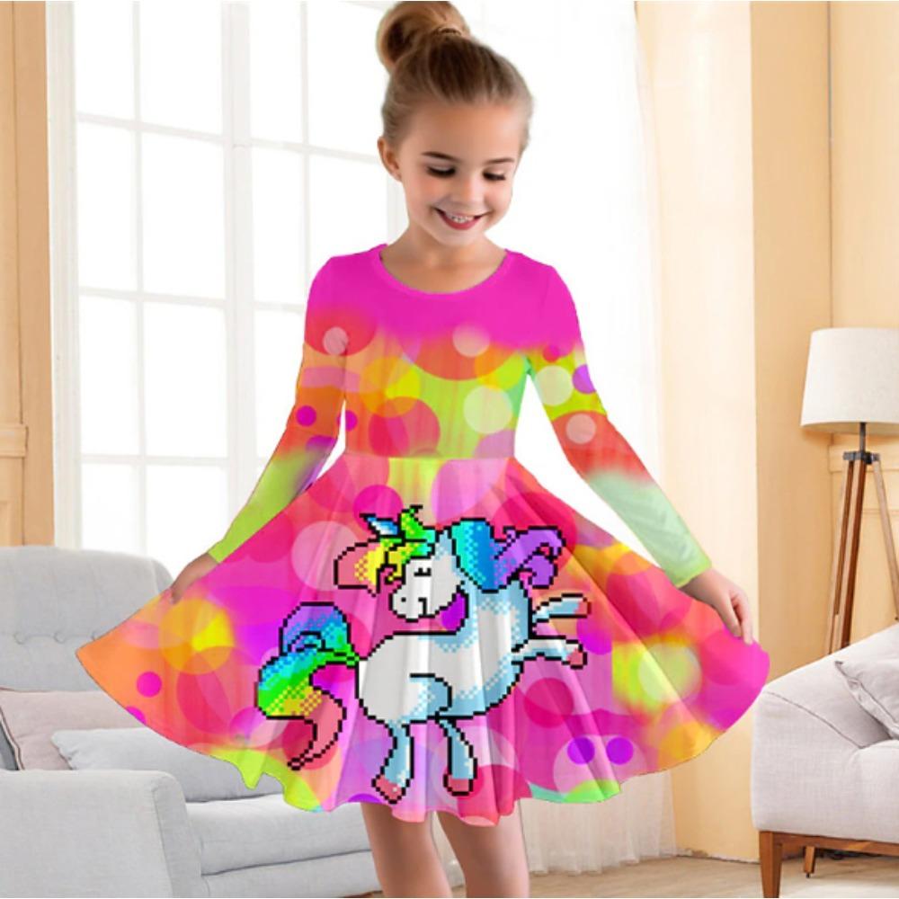 Girl Casual 3D Unicorn Pattern Print Round Neck Long Sleeve Dress Kid Princess Dress