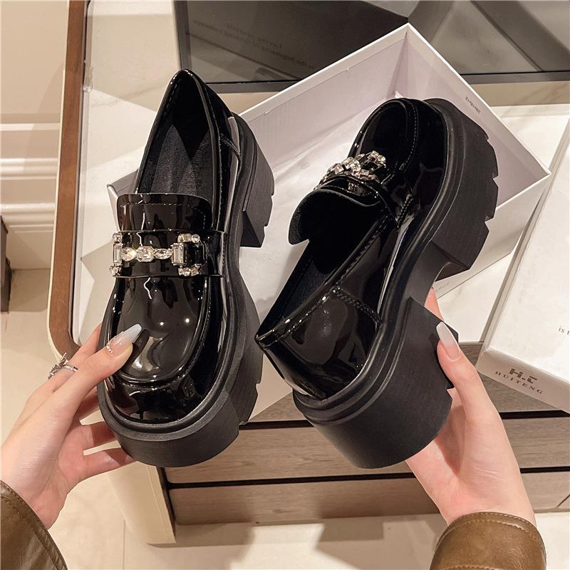 Platform Loafers Women's Small 2024 Thick Heels High Heels One Pedal Rhinestone Small Leather Shoes Black Glossy Single Shoes
