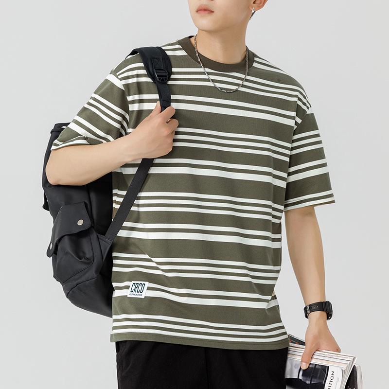 Sailor Style Japanese Striped Cotton Short Sleeve Men's T-Shirt: Loose Fit for Couples & Teens