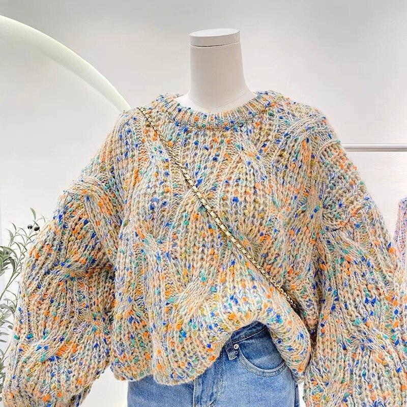 

Осенний винтажный свободный вязаный свитер, женский милый красочный повседневный пуловер, свитера, зимняя одежда, джемперы с рукавами-фонариками 28517 One Size бежевый