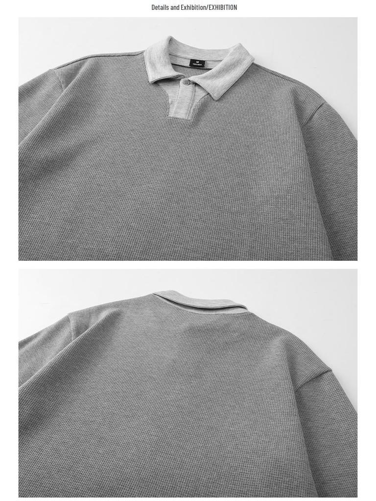 Pánská retro streetwearová mikina polo s dlouhým rukávem - Dvoudílný ležérní úplet s límečkem pro podzim/zimu
