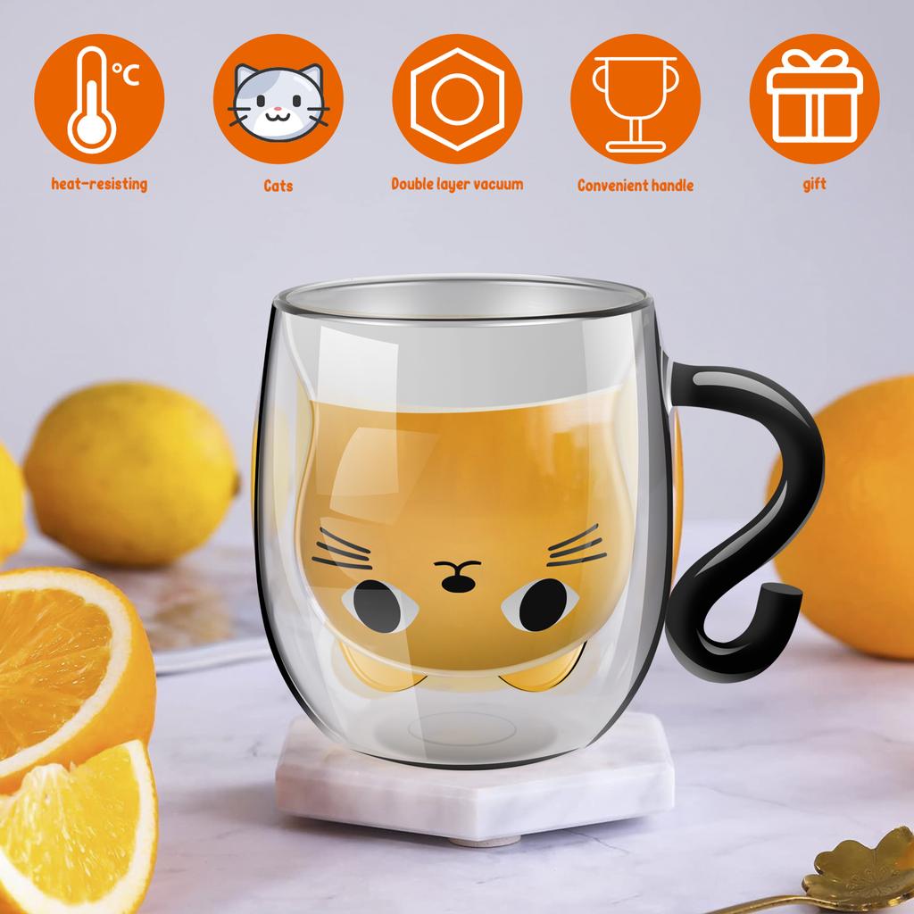Tasse en Verre à Double Paroi Isolation Thermique Transparent Fait Main Tasses à Boire le Thé Mugs Chat Mignons Verres à Whisky Mug à Café Espresso