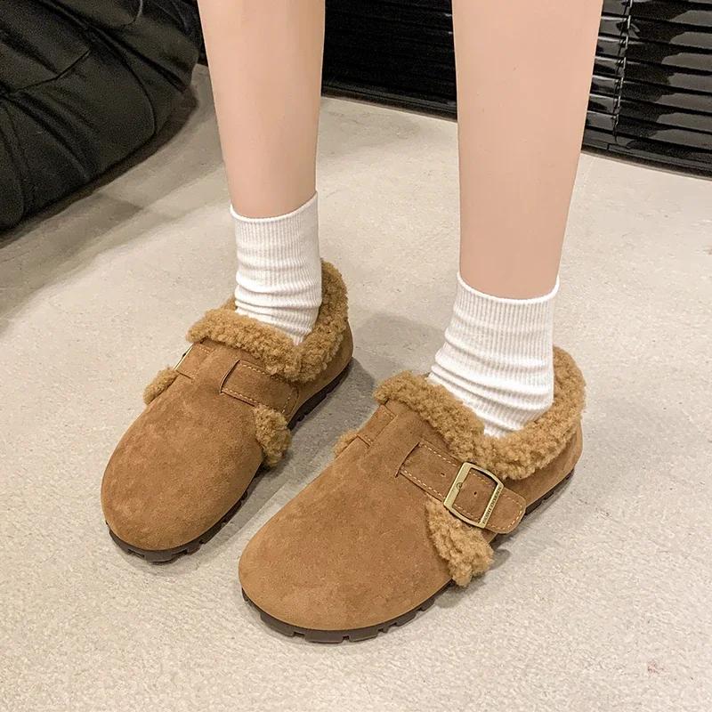 Women's Shoes 2024 Brand Buckle Strap Women's Flats Fashion Round Toe Casual Flat Shoes Hot Sale Plus Velvet Solid Flat Shoes