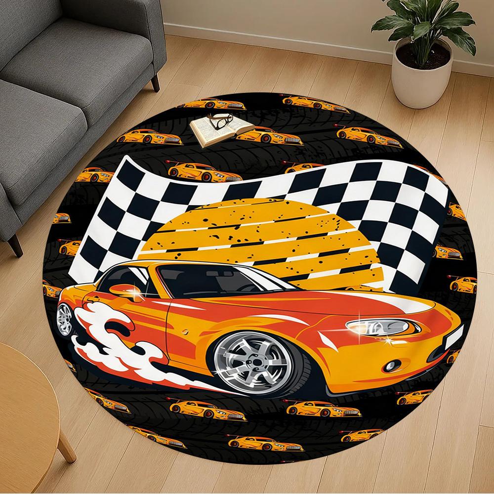 1PC Race Car Flag Round Chair Mat Area Rug - Non-Slip, Floor Mat for Office, Bedroom, and Indoor Decor -Gift D1127221