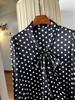 Women's Black and White Polka Dot Long Sleeve Ribbon Silk Top