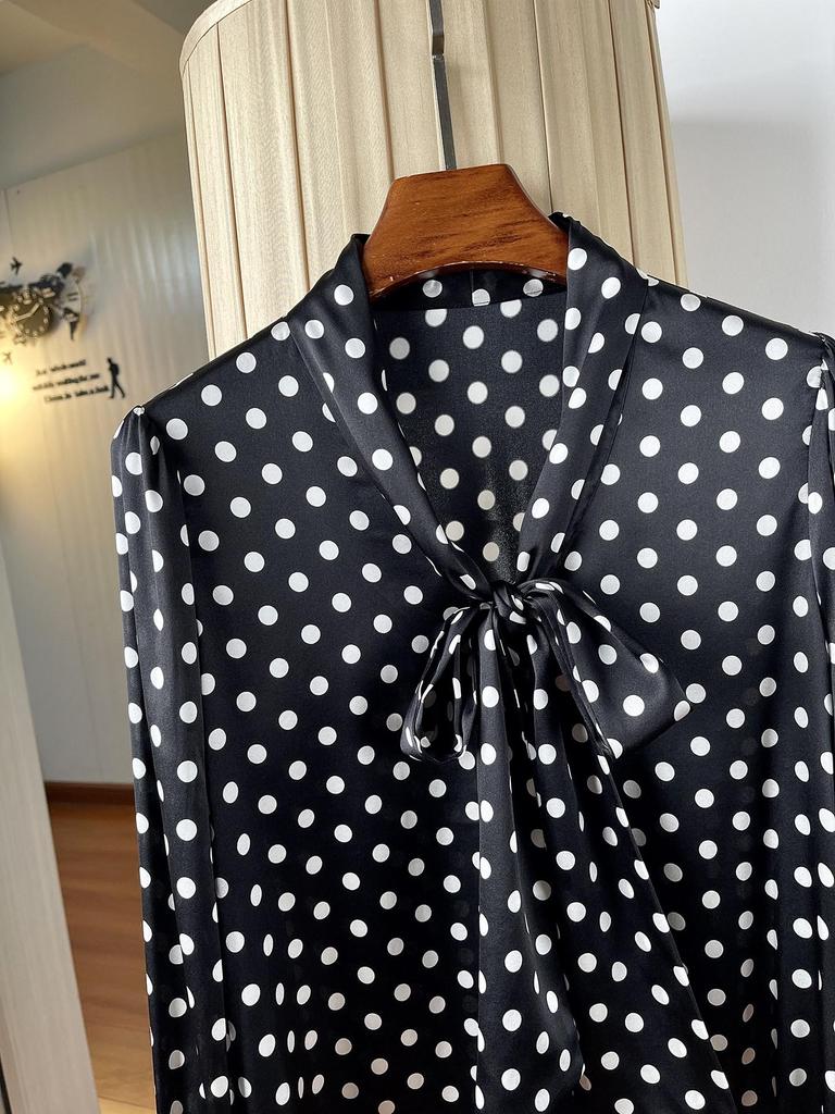 Women's Black and White Polka Dot Long Sleeve Ribbon Silk Top
