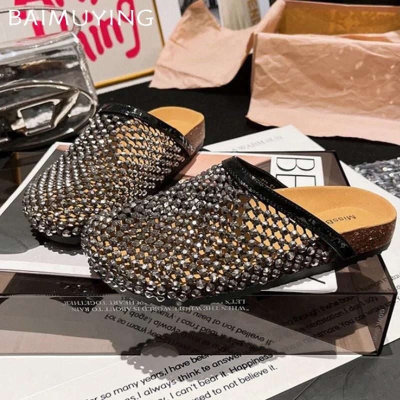 Fashion Crystal Women Flats Slippers Casual Fashion Mules Shoes Slingback Women's Sandals Summer 2025 New Trend Beach Woman Flip Flops