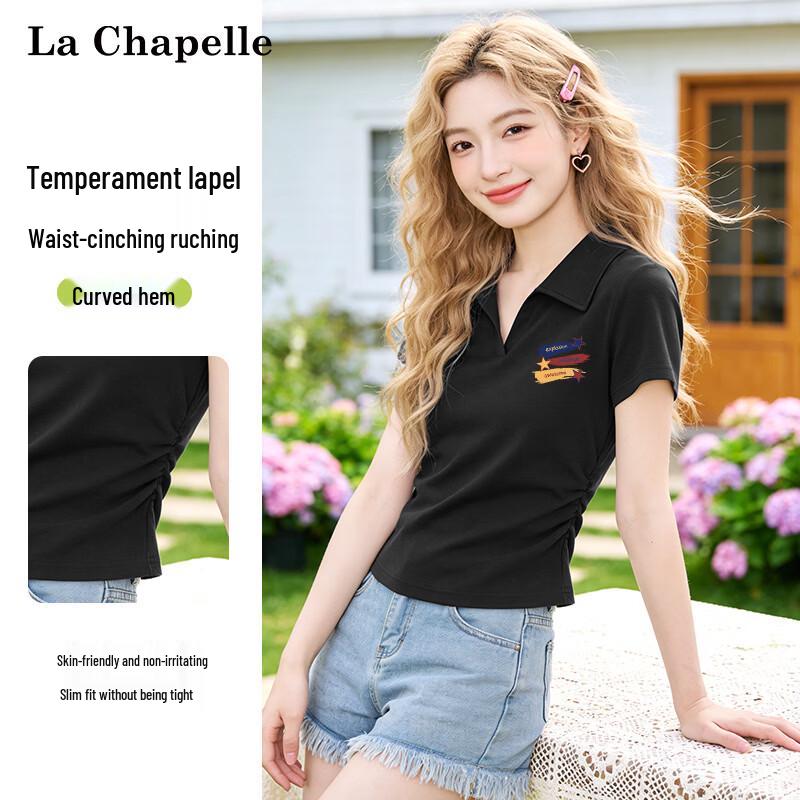 La Chapelle Women s Polo Collar Slim Fit Pleated Short Sleeve T-Shirt M