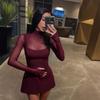 Women's Spring Fashion Temperament Mesh Patchwork Semi-high Neck Waist Dress
