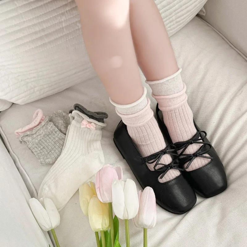 3 Pairs/set Cute Fashion New Korean Girls Socks Summer Thin Mid-Crew Lace Mesh Breathable Seamless Ankle Socks with Bow Trim