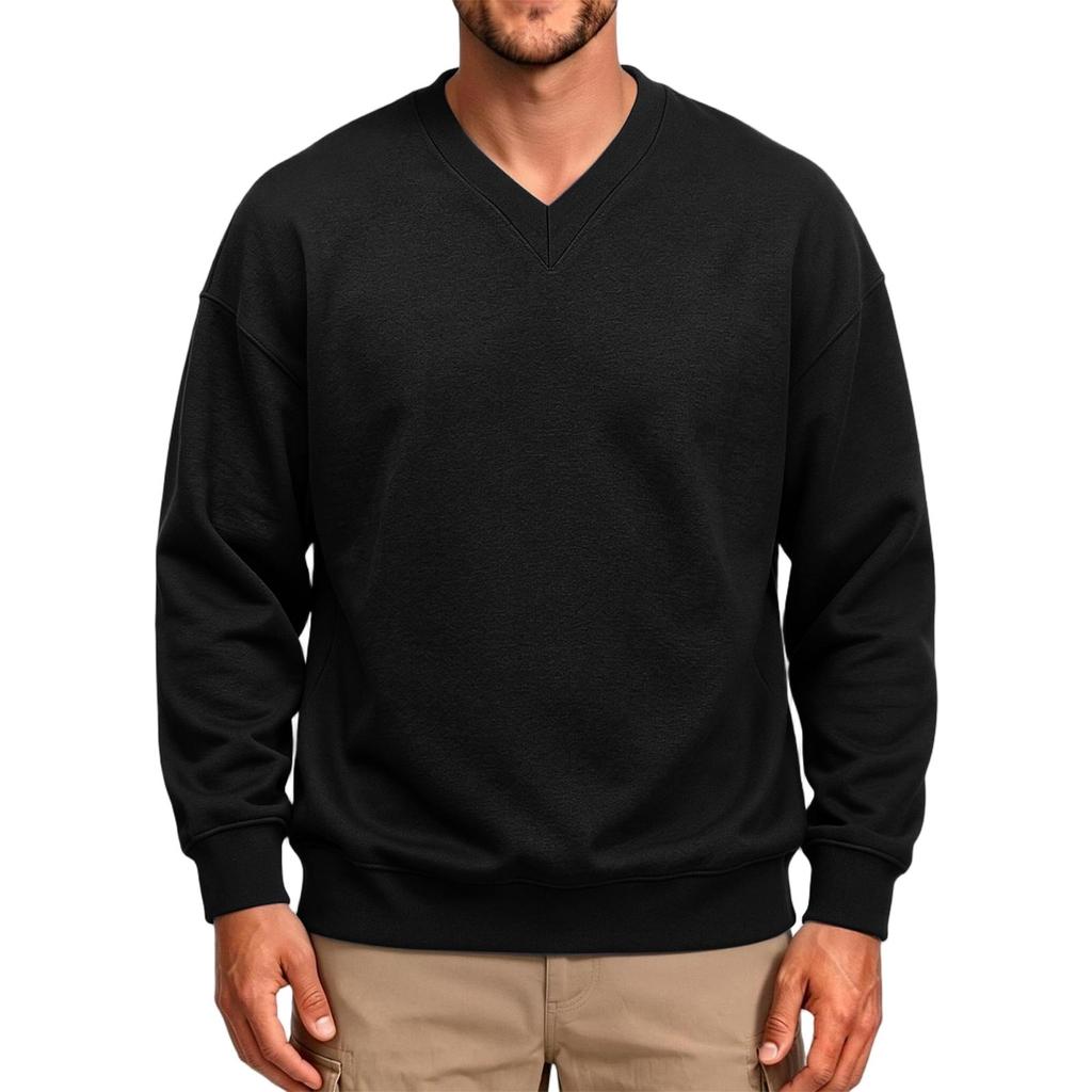 Men's V-Neck Long Sleeve T-Shirt Color Casual Top with Ribbed Cuffs