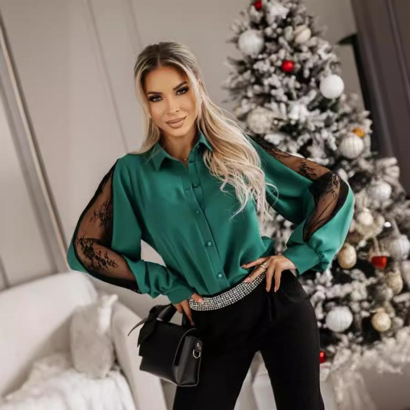 Tooxika New Women's Long-sleeved Tops With Lapel Buttons And Lace Stitching Shirts For Women