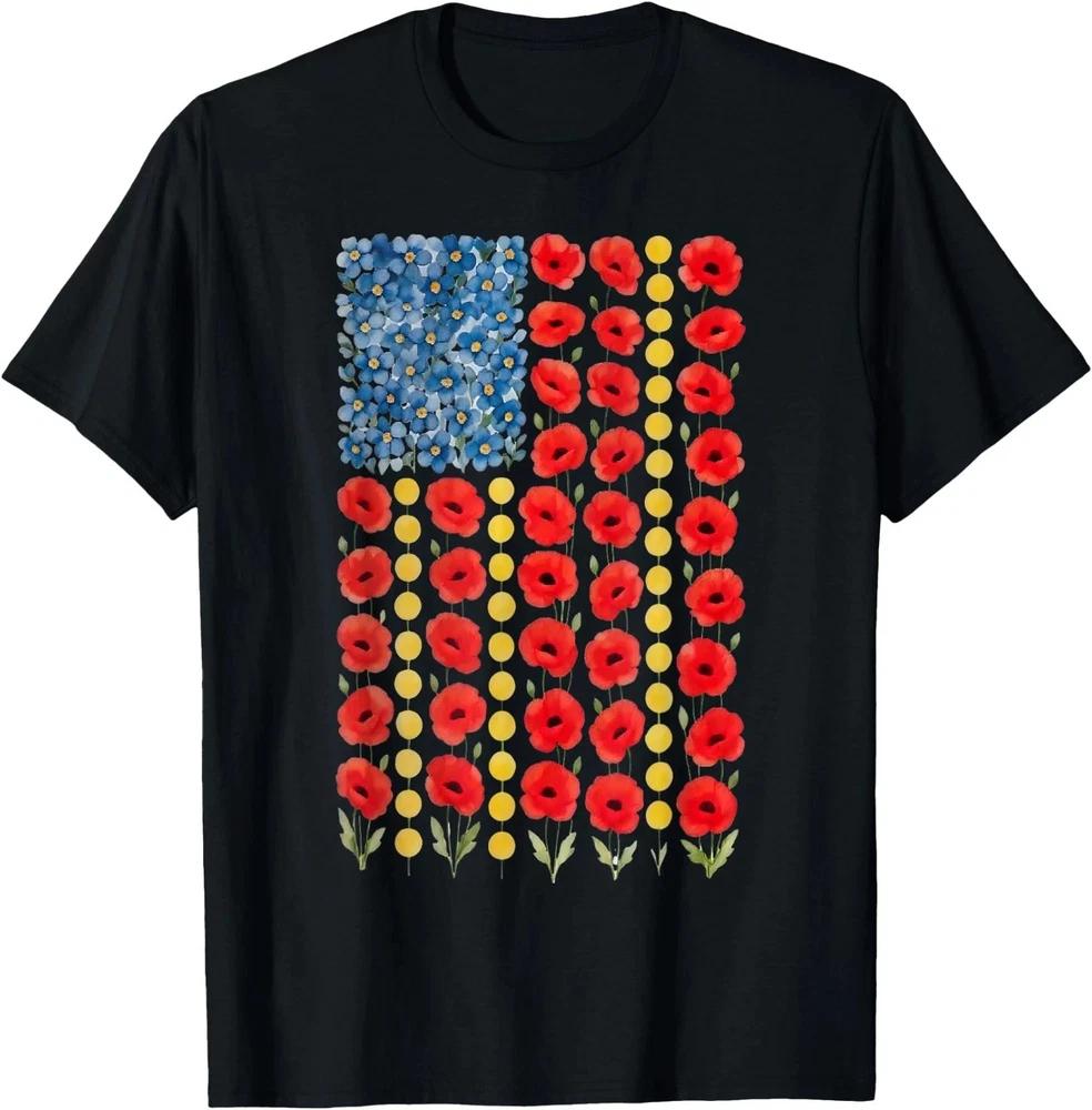 Red Poppy Flower American Flag Tshirt 4th Of July Gift S