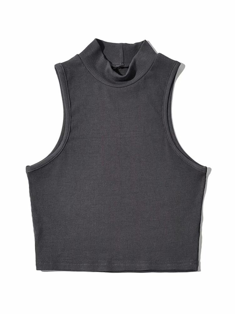 Summer Black Women Fashion Crop Top High Neck White Sleeveless Tank Tops 5 Colors S