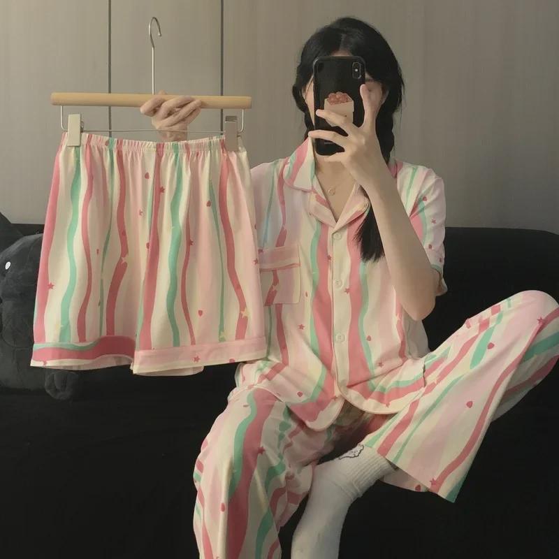 Dopamine Pajamas: Women's Three-Piece Cardigan Set with Short Sleeve, Shorts, and Long Pants