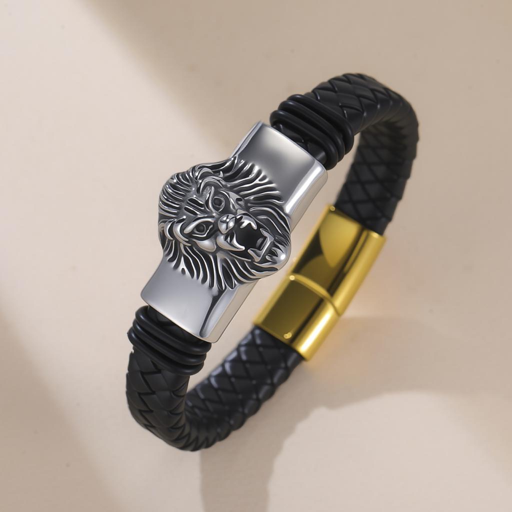 Dreamtimes Retro Stainless Steel Lion Head Steel Woven Leather Rope Bracelet for Women Men Hip-Hop Trendy Jewelry