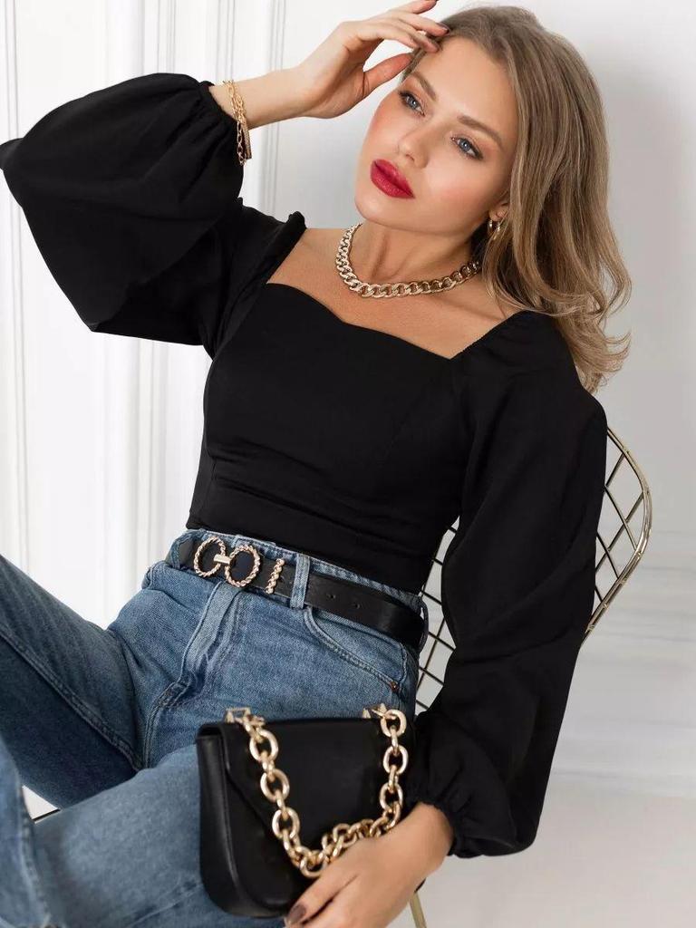 Quadratischer Ausschnitt Langarm Einfarbig Lässiges Oberteil für Damen im französischen Stil