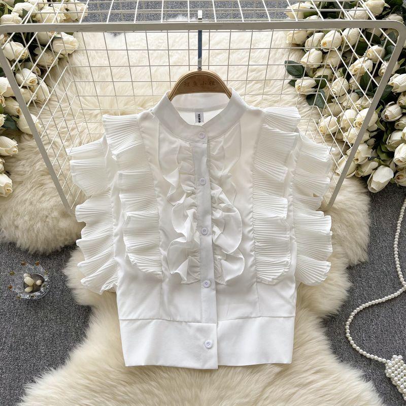 

Socialite Style Flying Sleeve Ruched Wooden Ear Short Shirt White One size