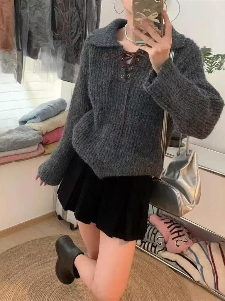 Retro Korean Lace-Up Polo Collar Women's Sweater - Autumn/Winter 2025 Collection