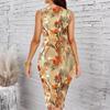 Women Plus Size Sleeveless Round Neck Midi Bodycon Dress Colorful Watercolor Floral Print Slim Fitted Dress