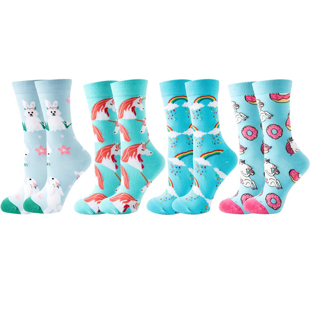 4 Pairs New Fashion Colorful Funny Happy Casual Women Socks Dress Harajuku Cute Cartoon Cat Dog Lemon Donut Girl Cotton Socks
