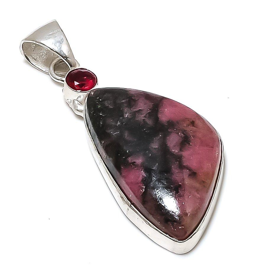 Rhodonite, Garnet Gemstone 925 Sterling Silver Jewelry Pendant 2.44" SU-8462