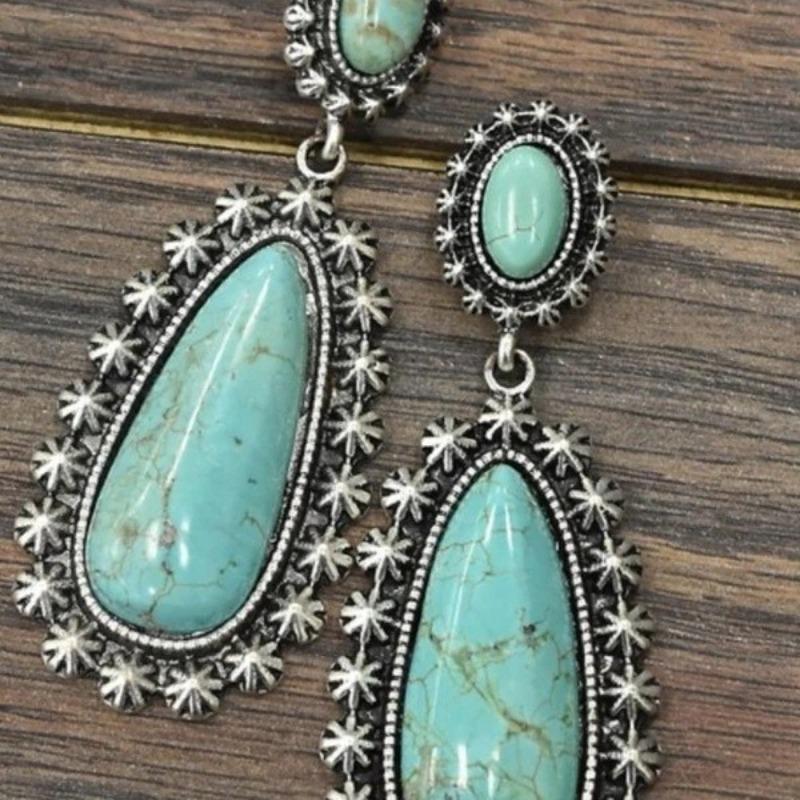 Plated 925 Ancient Silver Turquoise Earrings, European and American Creative Drop-shaped Turquoise Exaggerated Earrings