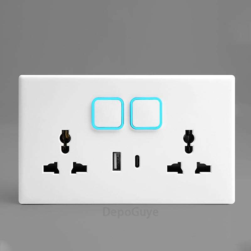 White 1 2 3 4 Gang Button Light Switch Panel Blue LED Indicator,UK Standard Wall Socket Universal Dual 3Pin USB C Power Outlet
