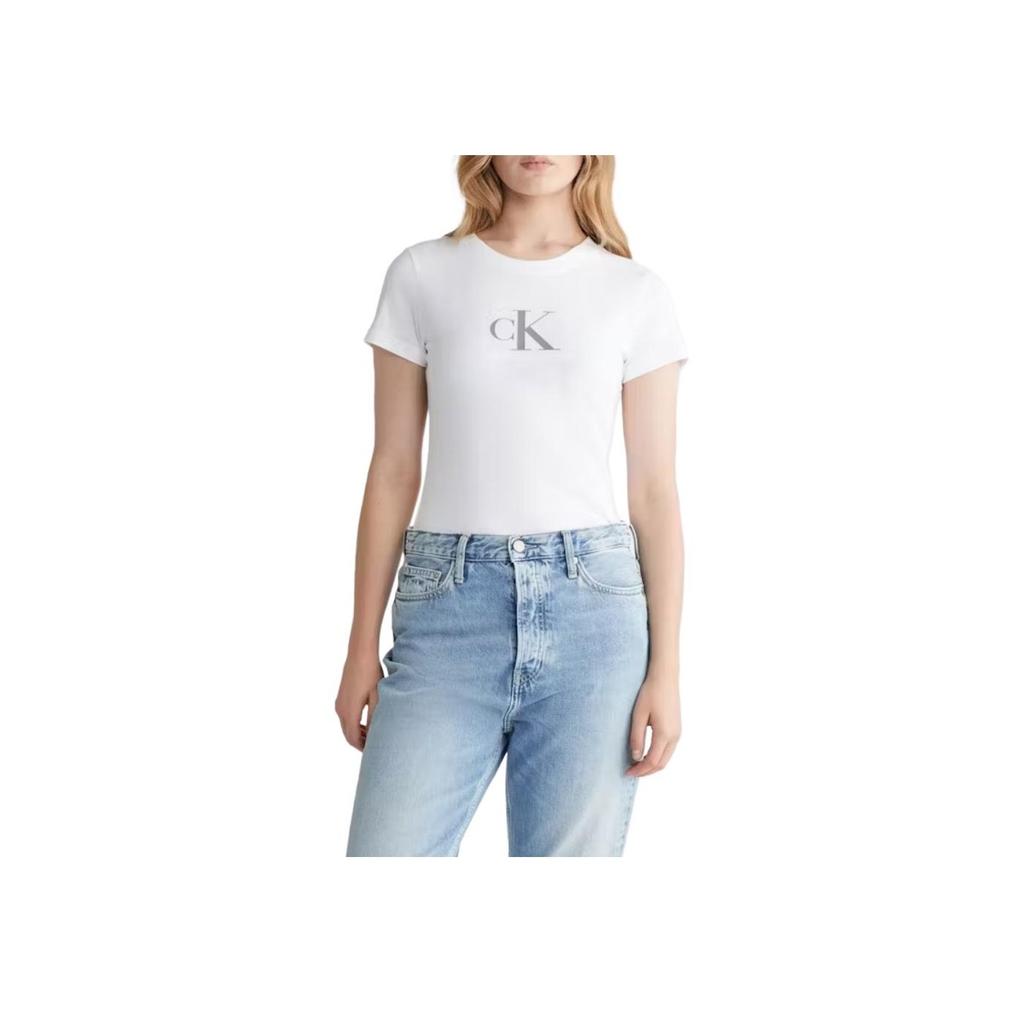 Calvin Klein Letter Print Round Neck Slim Fit Short Sleeve T-Shirt Women Tops White J20J222961-YAF