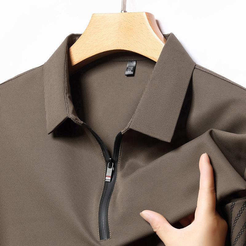 Medelålders mäns långärmad skjorta T-shirt Vår Höst Affärsmässig Casual Nedvikt krage Lös Halv dragkedja Falsk tvådelad topp