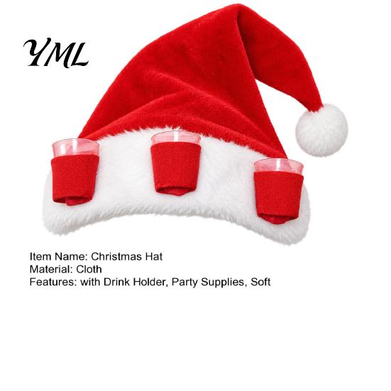 Christmas Drinking Accessories Plush Hat with Drink Holder, Adults Velvet Santa Claus Red White 3 Cups, Xmas Cap for New Year Holiday Party Winter