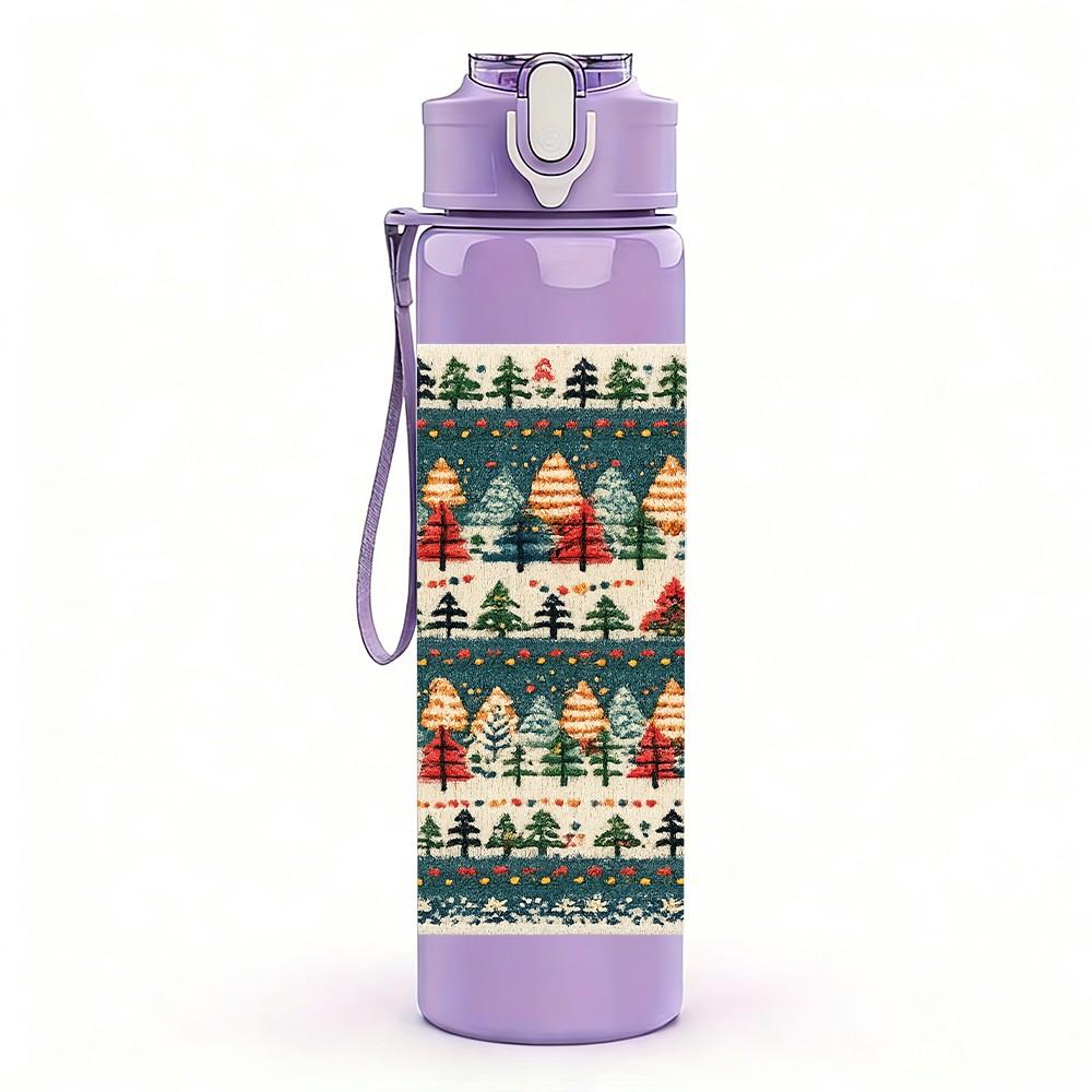 1PC Christmas Tree Seamless Pattern Print 750ml Color Plastic Sports Water Bottle Leakproof Flip Straw Lid Suitable for Sports Office Home Use