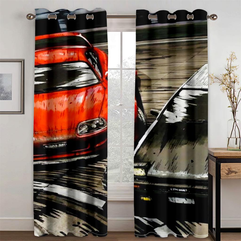 Mode Comic Graffiti Rennwagen Cool Jungen Kinder Männer 2 Stück Lichtfilter Vorhang für Wohnzimmer Schlafzimmer Fenster Drapierung Dekor