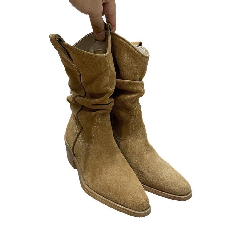 Cowhide Version~ Ruth Zhao Pointed Pile Boots Short Boots High Heel Retro Western Knight Boots Middle Boots