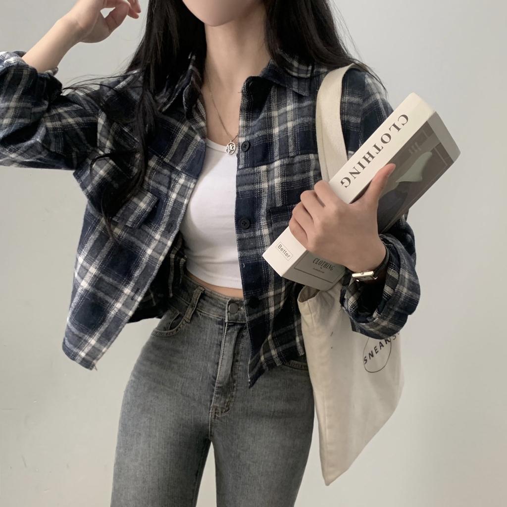 Korean Chic Autumn Short Long Sleeved Checkered Shirt for Women