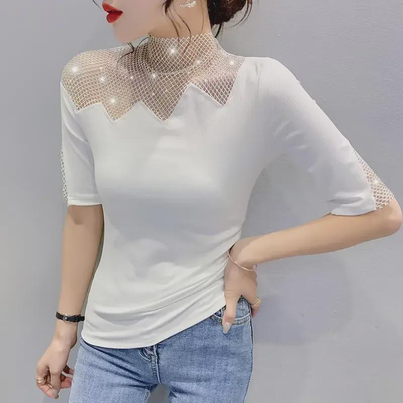2026 Spring European Style Women's Short Sleeve T-shirt with Hot Drilling and Hollow Out Design