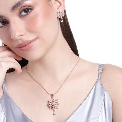 Rose Gold and CZ Designer Pendant Set for Women Floral Print