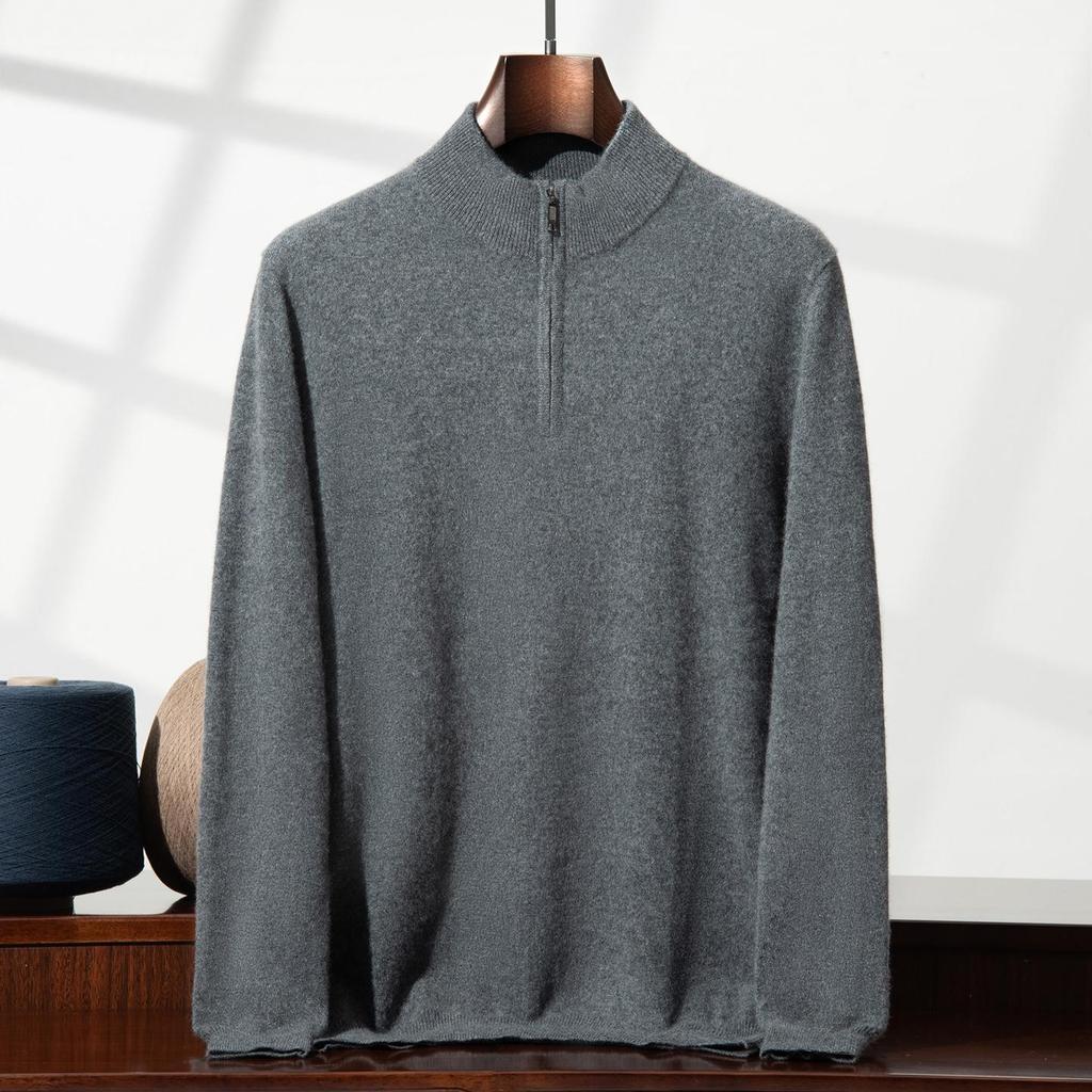 Eleganter Herren-Halbreißverschluss-Kaschmirpullover, einfarbige Strickware mit Stehkragen, Business Casual Pullover