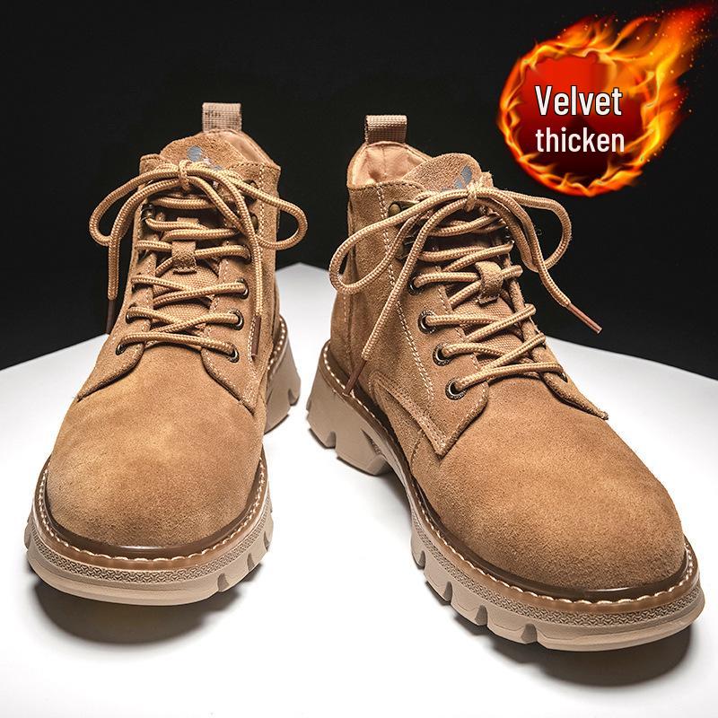 Men's British Style Mid-Top Martin Boots, 2024 Winter Edition: Versatile, Thick-Soled, Plus-Velvet Desert Work Shoes.