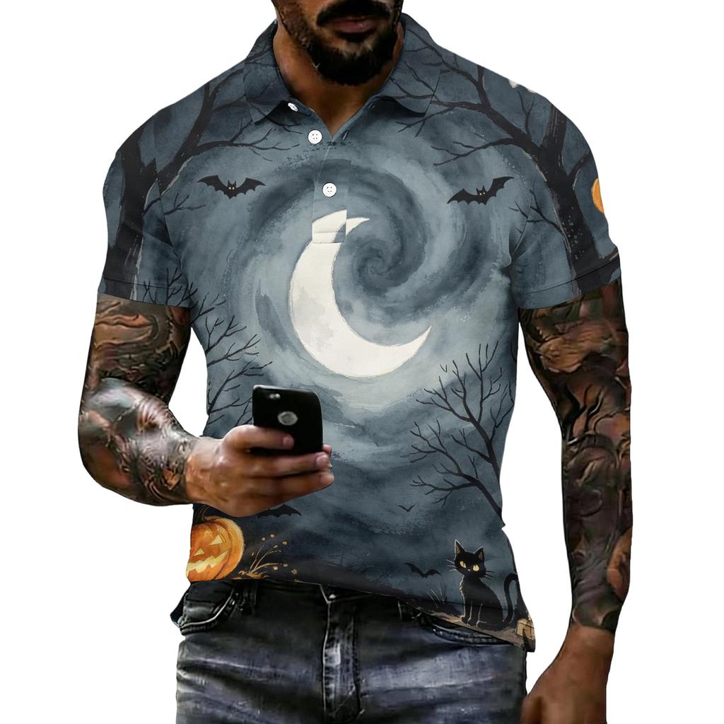 Men's Halloween Print Short Sleeve Polo Shirt Loose Casual Summer Daily Wear Top with Button Collar and Relaxed Fit for Outdoor Activities