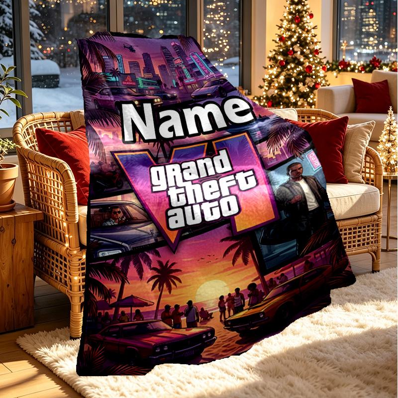 Custom Name Personalized Grand Theft Auto VI Print Blanket, Home Decor, Bedroom, Sofa, Camping, Couch, Gifts for Birthday Christmas