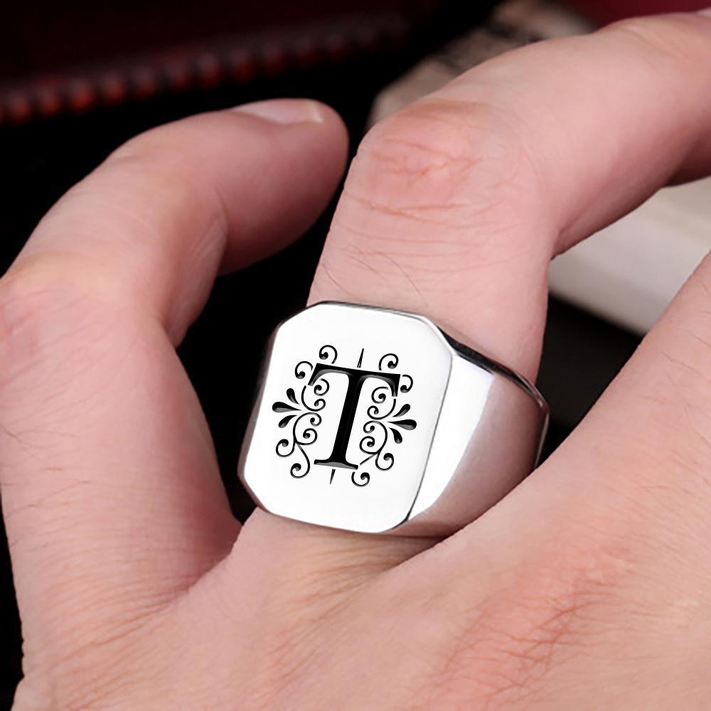 European and American Cross Stainless Steel Ring Jewelry Silver 26 Letter Titanium Steel Ring Men's Ring Jewelry Factory Wholesale