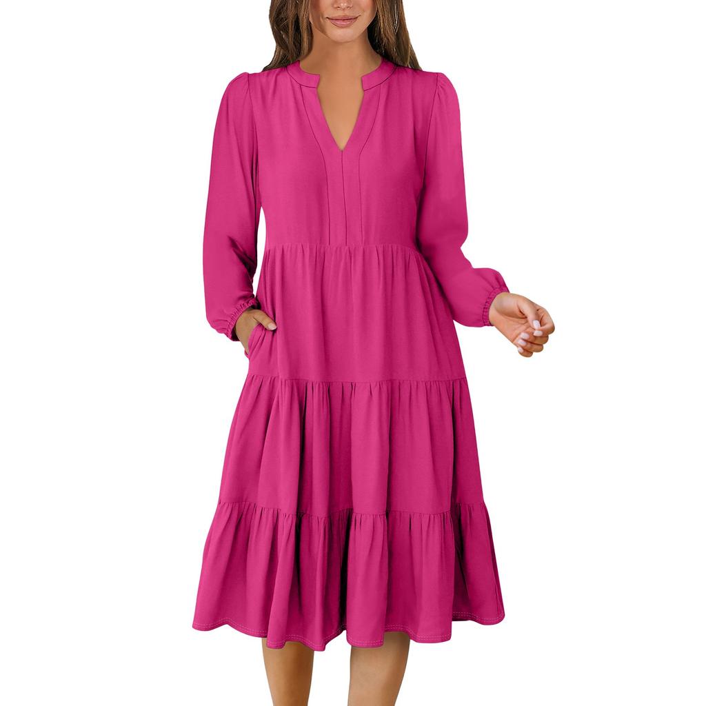 Women's V-Neck Flowing Layered Bohemian Long-sleeved Solid Colour Dress