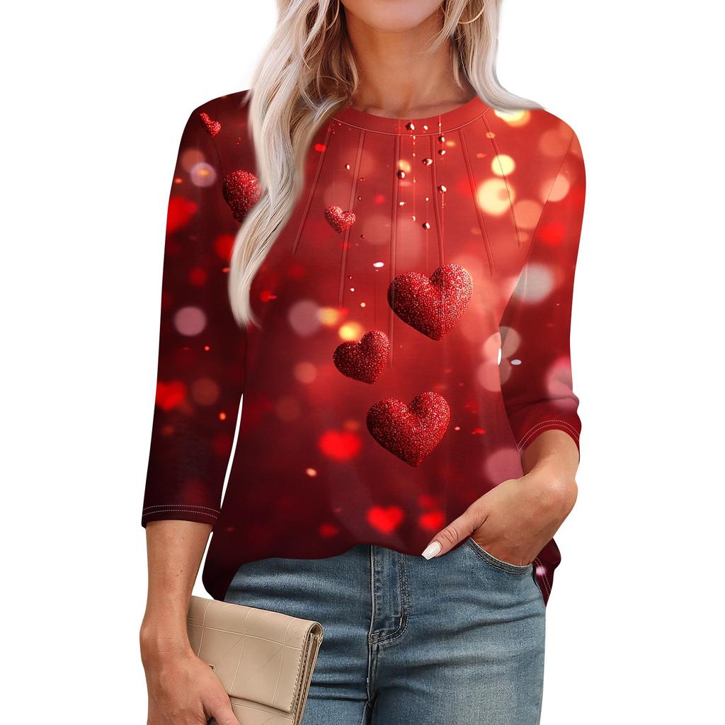 Damen Modisches Rundhals-T-Shirt mit 3/4-Ärmeln, bedruckt, lässig, Basic, Plissee-Pullover