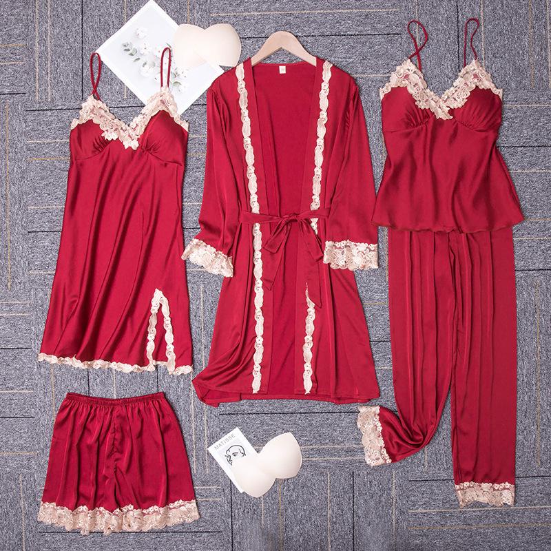 Yao Ting Satin Chiffon Five-Piece Pajama Set: Ice Silk, Casual, Sexy, with Chest Pads for Spring/Summer