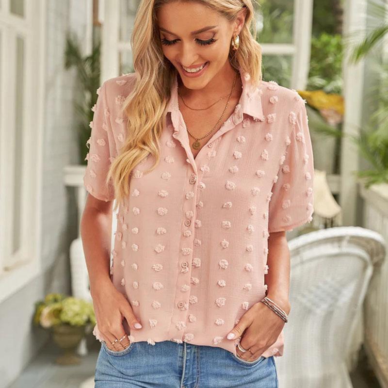 Haut chemisier chemise pour femme, été, col à revers, couleur unie, ample, manches courtes, polyvalent