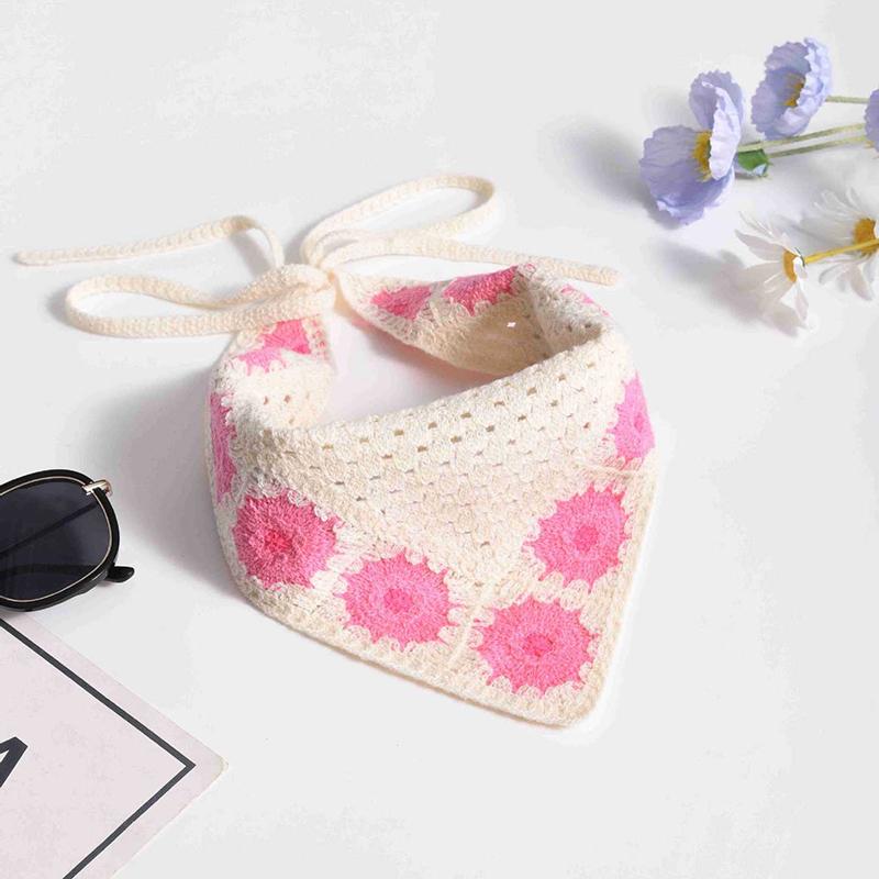 French Pastoral Style Triangle Headband Handmade Crochet Flower Headscarf Hat Knitted Girls Headband Towel
