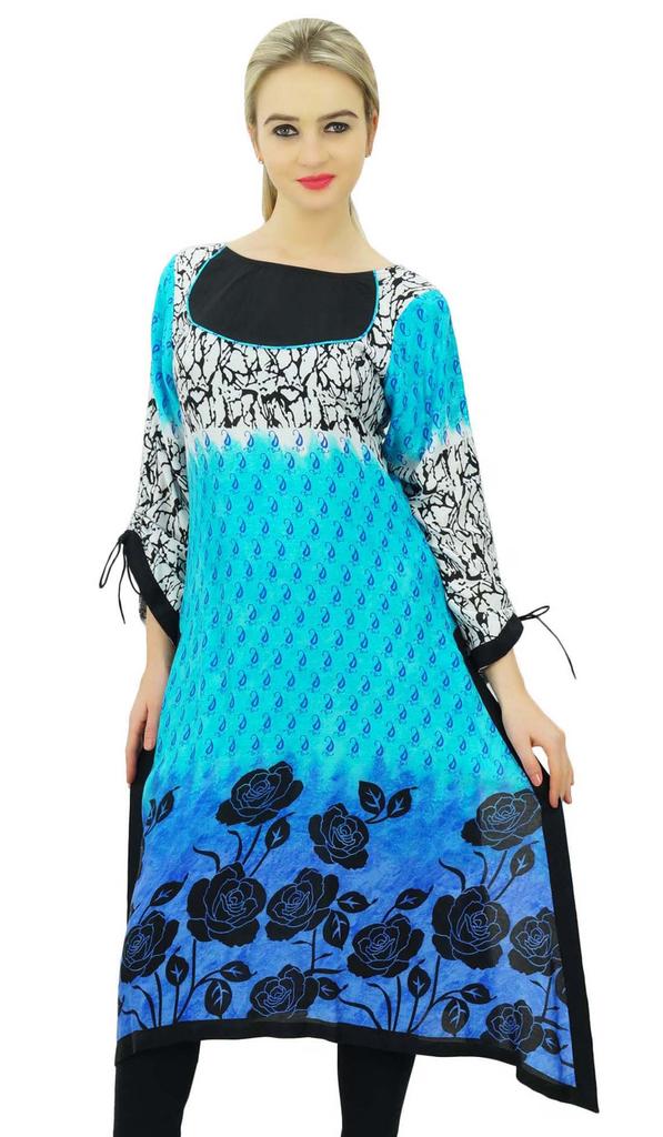 Bimba Women's Designer Ethnic Indian Kurta Kurti Rayon Tunic Blouse With Asymmetrical