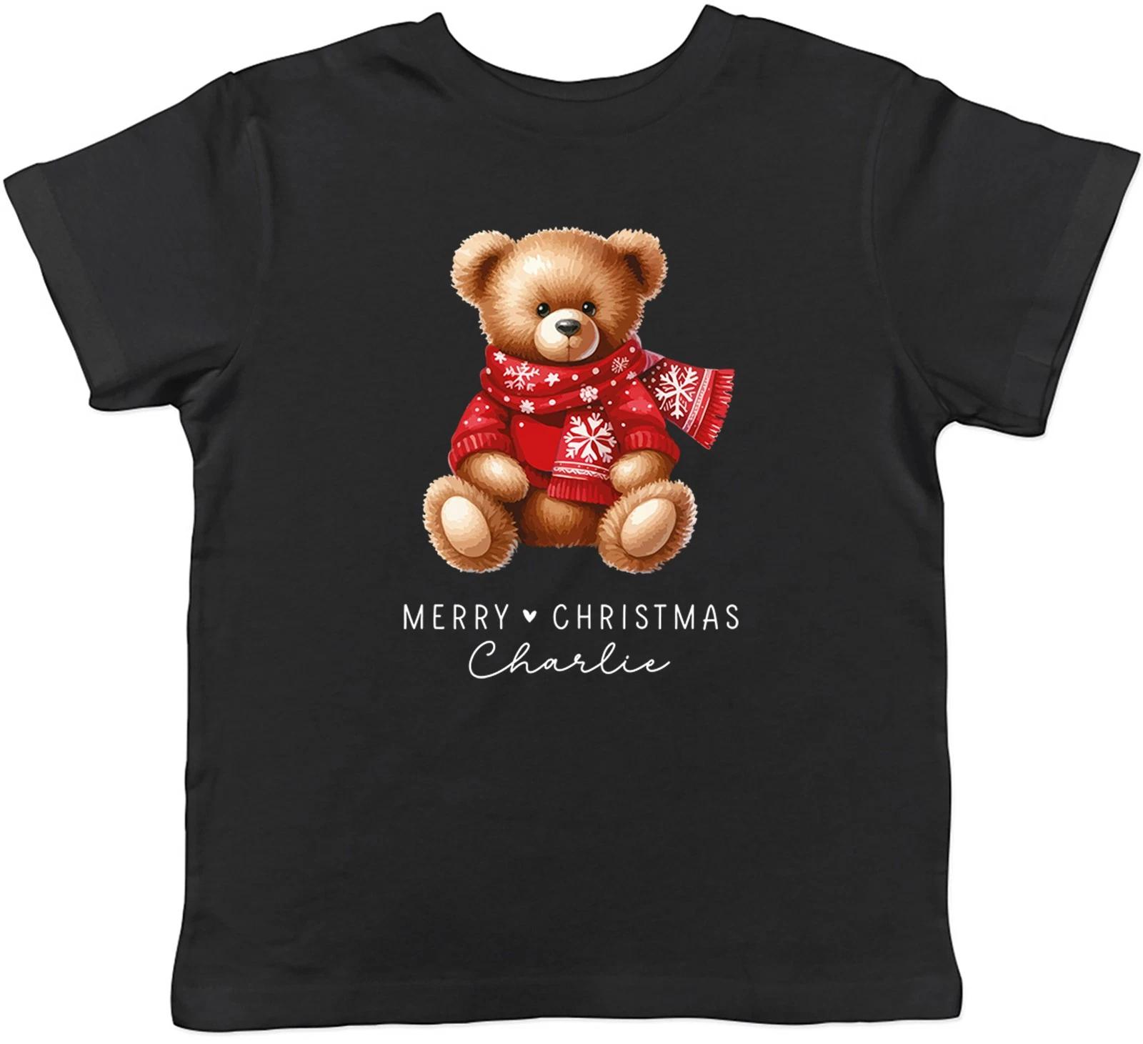 Personalised Merry Christmas Any Name Teddy Bear Kids T-Shirt Boys Girls Gift 110
