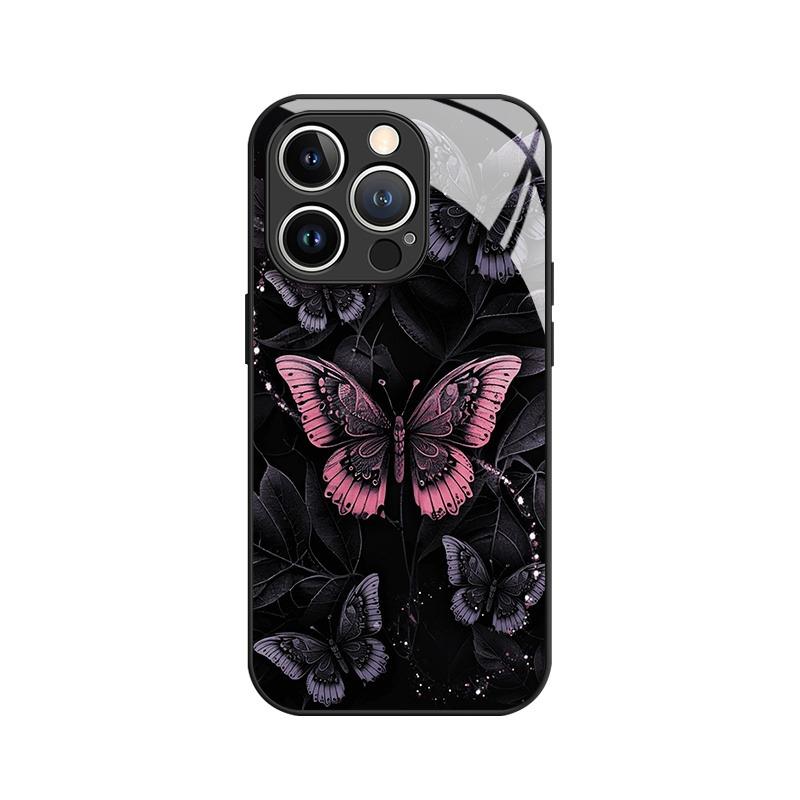 Retro Dark Butterfly Pattern Tempered Glass Phone Case For iPhone 11 12 13 14 15 16 17 Pro Max 17Air 16E 7 8 Plus XR XS X Cover